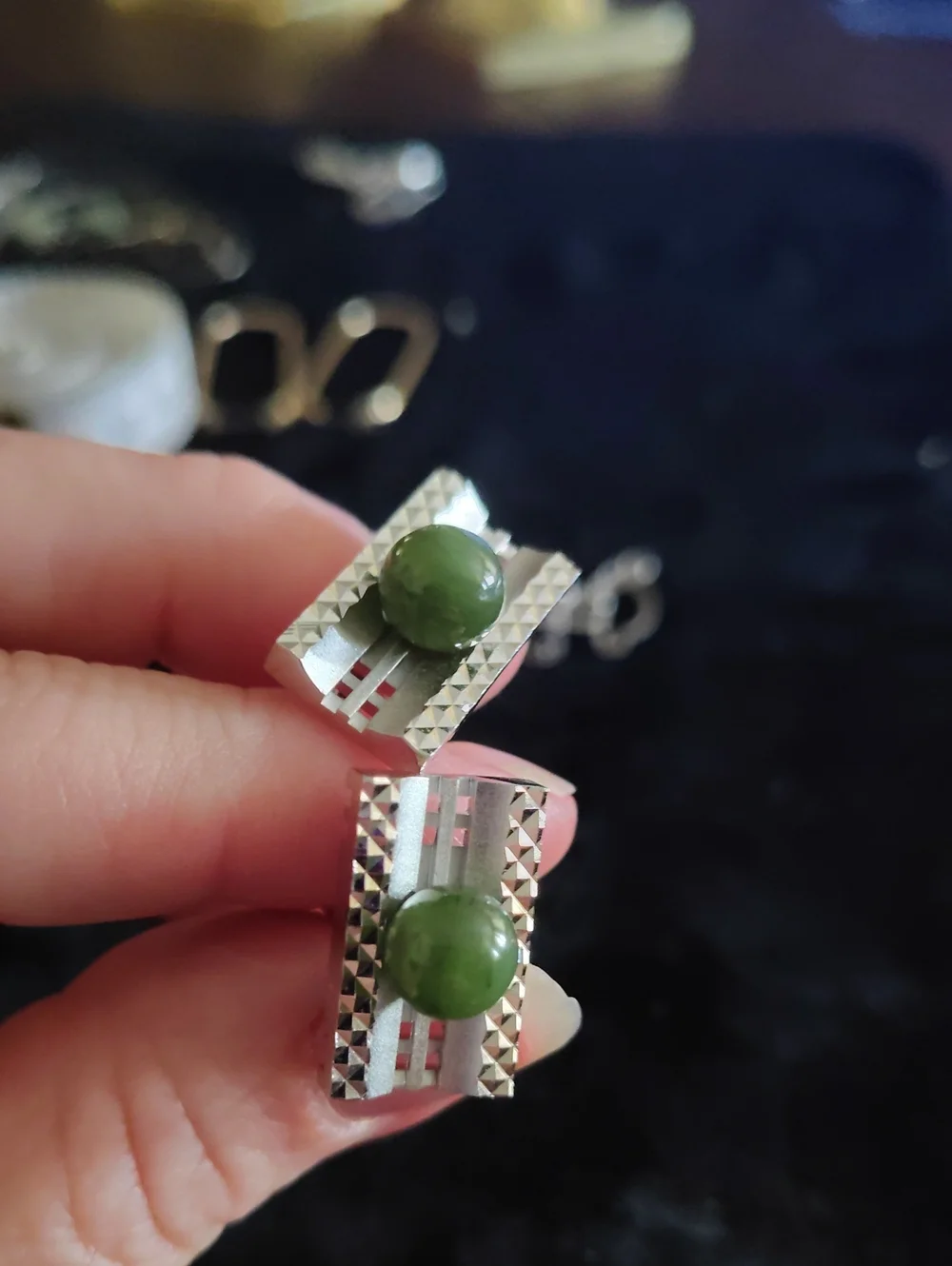 Silver Tone Tie Bar and Cufflink Set with Green Stone